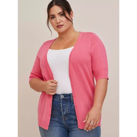torrid Sweaters - Torrid Cardigan V-Neck Fitted Sweater Pink Button Front Short Sleeve Plus Size 4